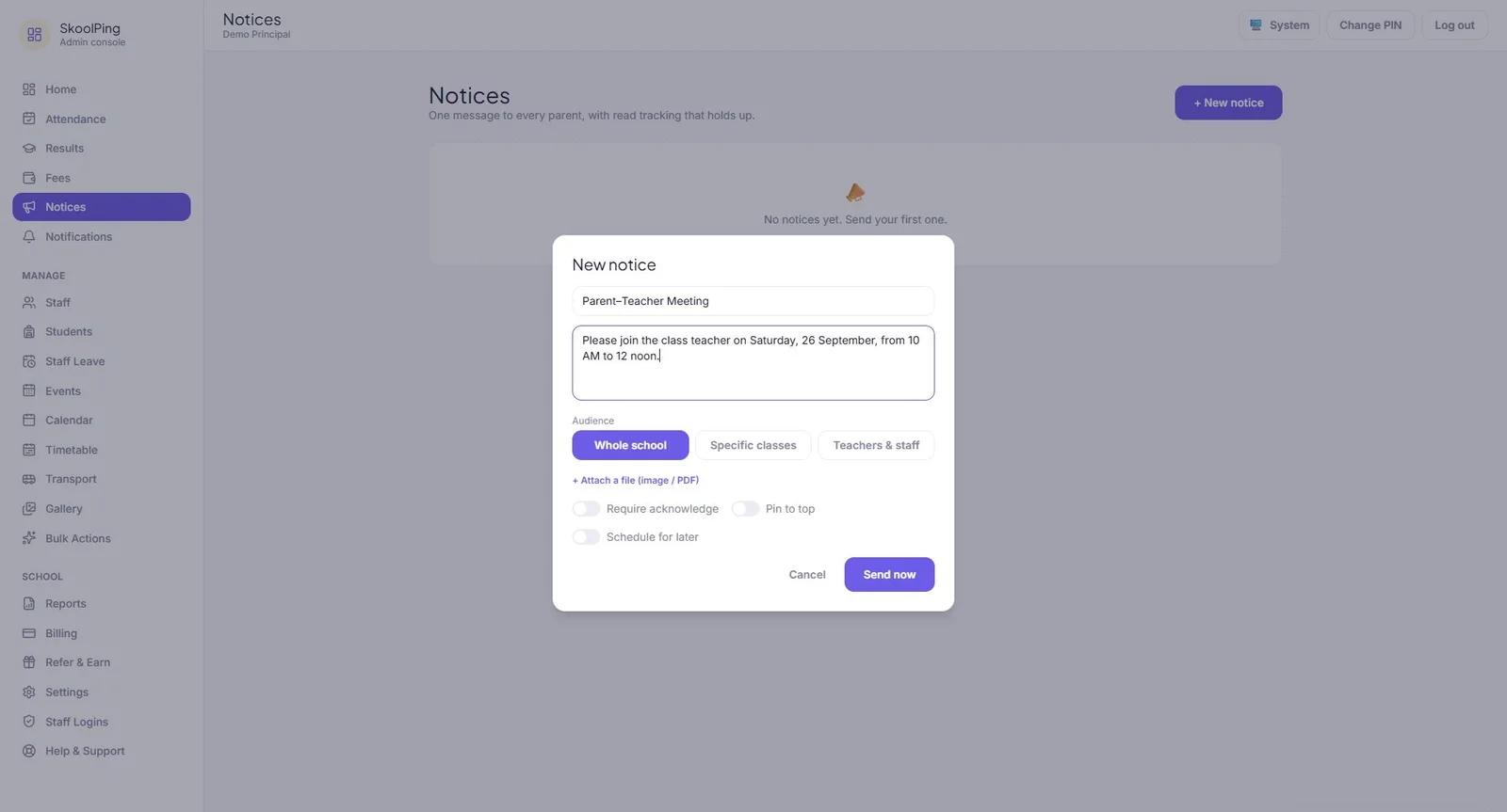 Admin console: a new notice to the whole school