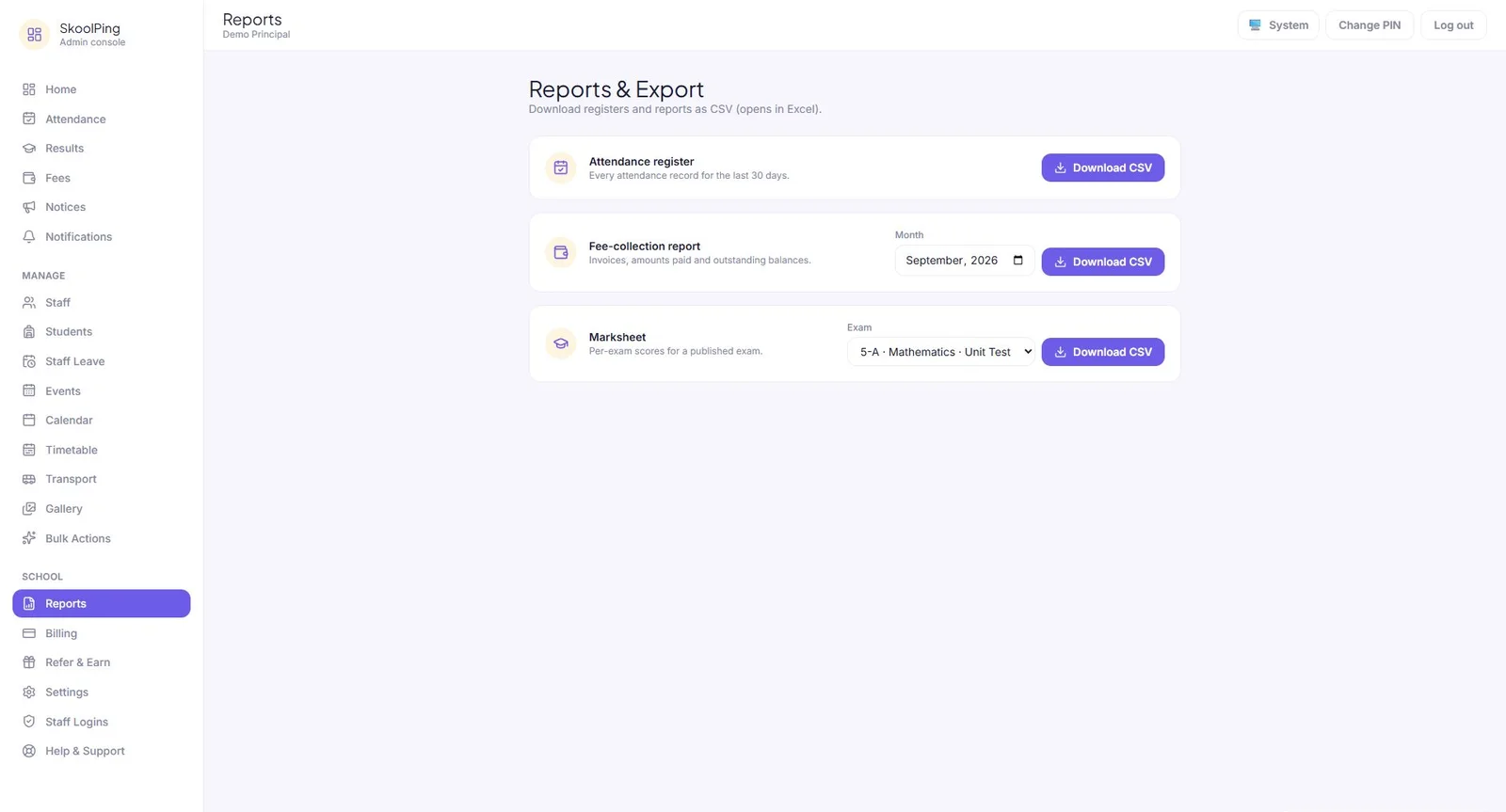Reports: attendance register, fee-collection report and marksheet as CSV