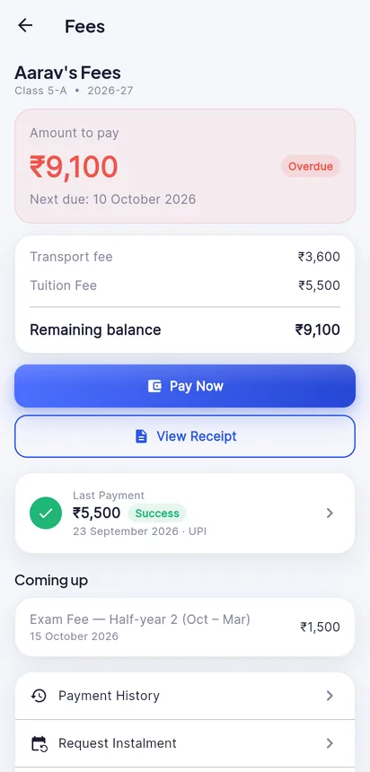Parent app: fees due, breakdown and Pay Now
