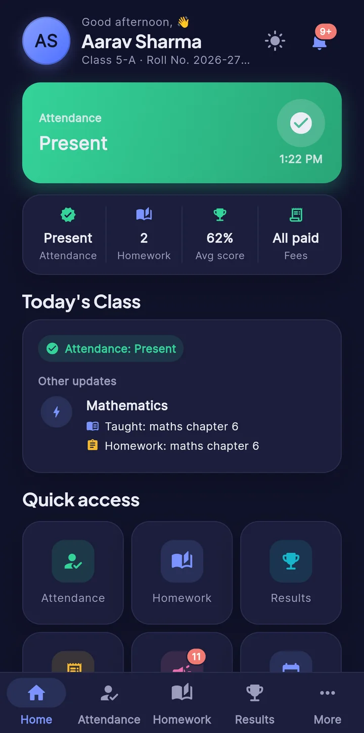 Real SkoolPing parent app: today's attendance, homework, results and fees