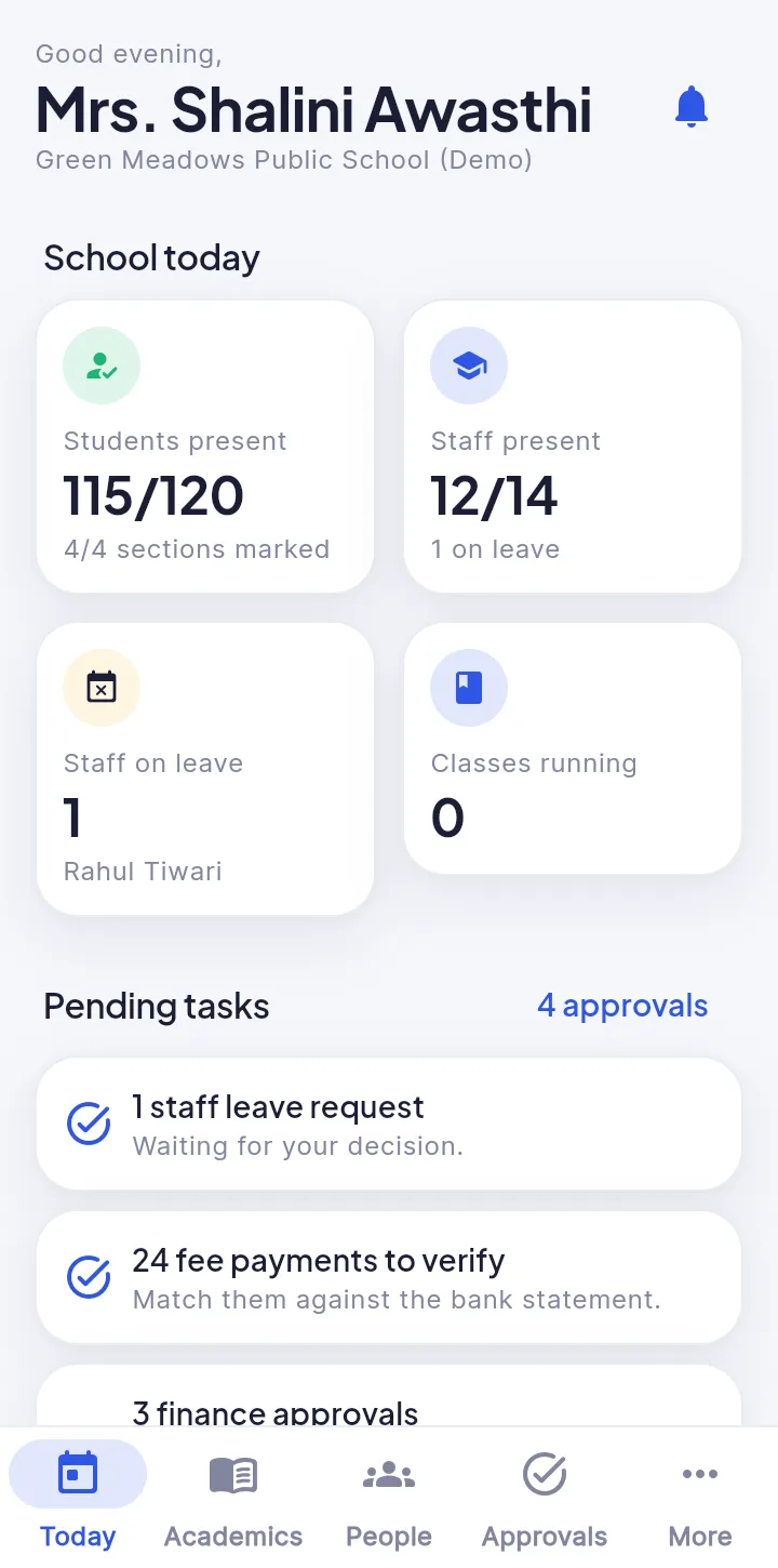 Principal app Today: students present, staff present, staff on leave and pending tasks