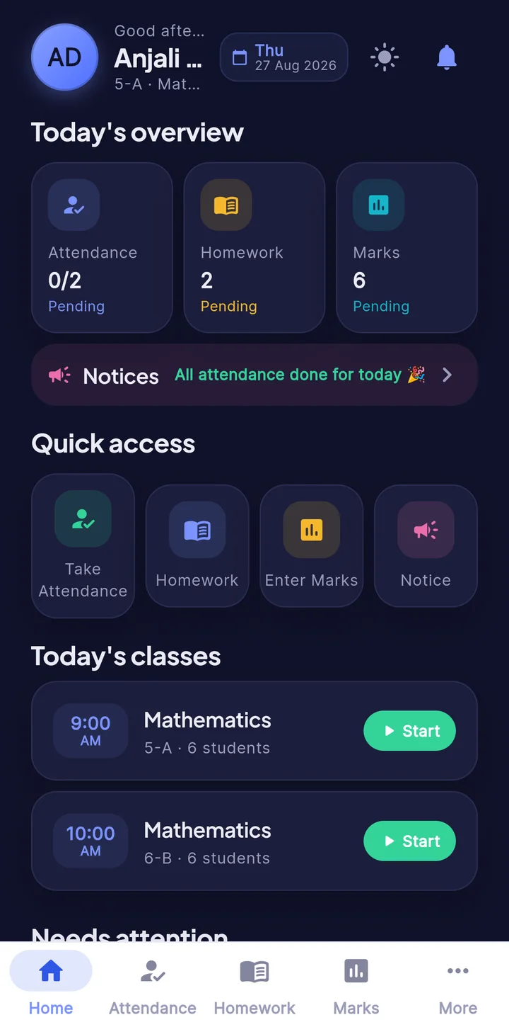 Teacher home: today's classes, homework and marks pending