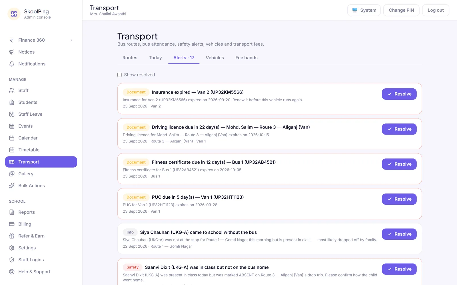 Transport alerts