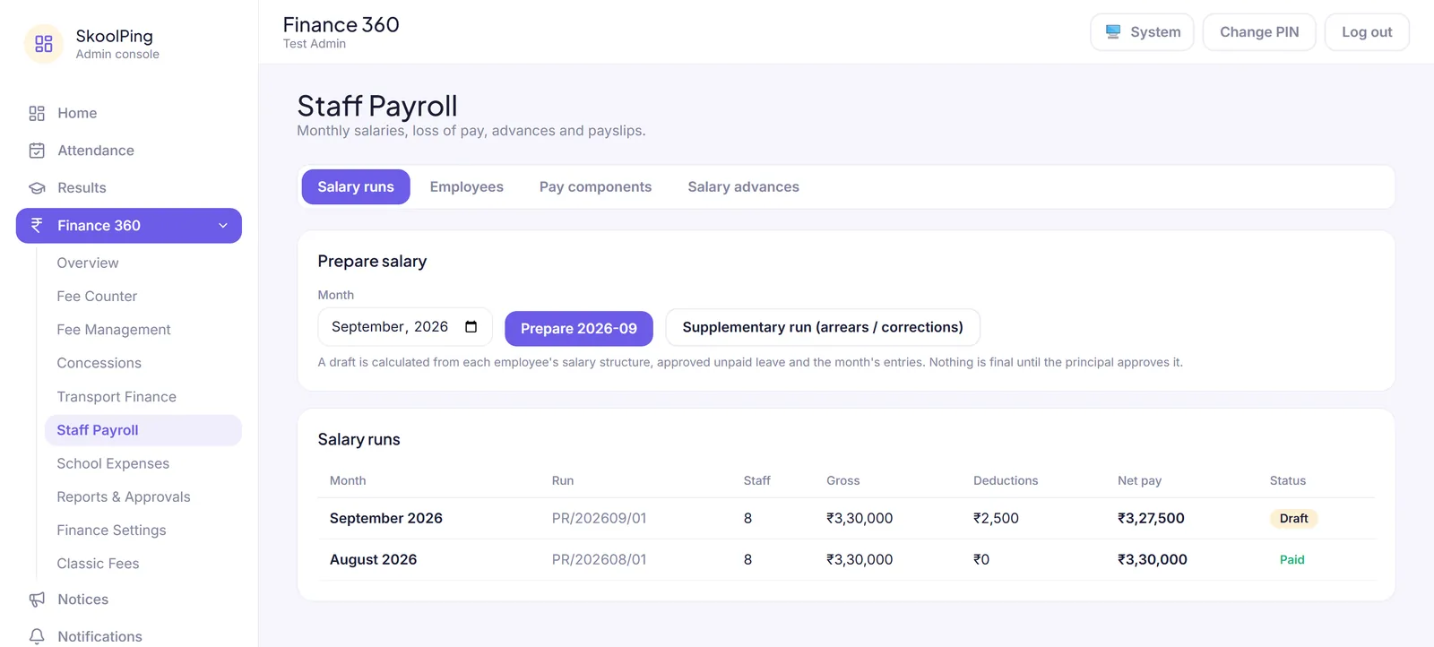Staff payroll salary runs
