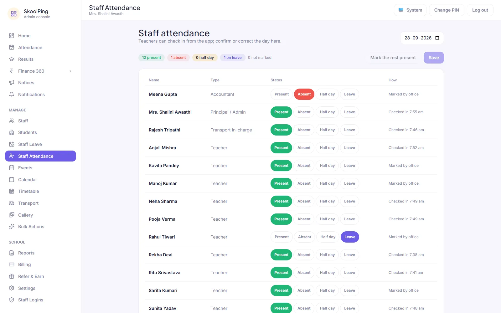 Staff attendance register: 12 present, 1 absent, 1 on leave, with check-in times